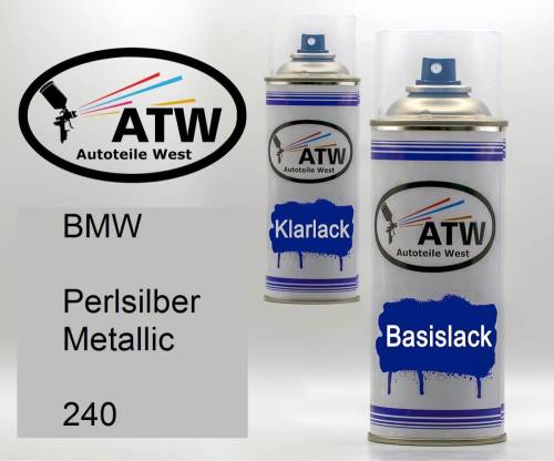 BMW, Perlsilber Metallic, 240: 400ml Sprühdose + 400ml Klarlack - Set, von ATW Autoteile West.